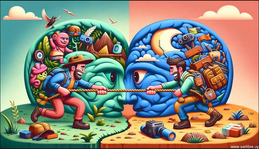 Ilustración humorística en formato panorámico que muestra un conflicto interno personificado en un juego de 'tug-of-war' entre dos personajes caricaturescos: uno representa la parte aventurera con equipo de explorador, y el otro la parte segura con elementos de protección, simbolizando la lucha interna entre buscar la aventura y mantener la seguridad.