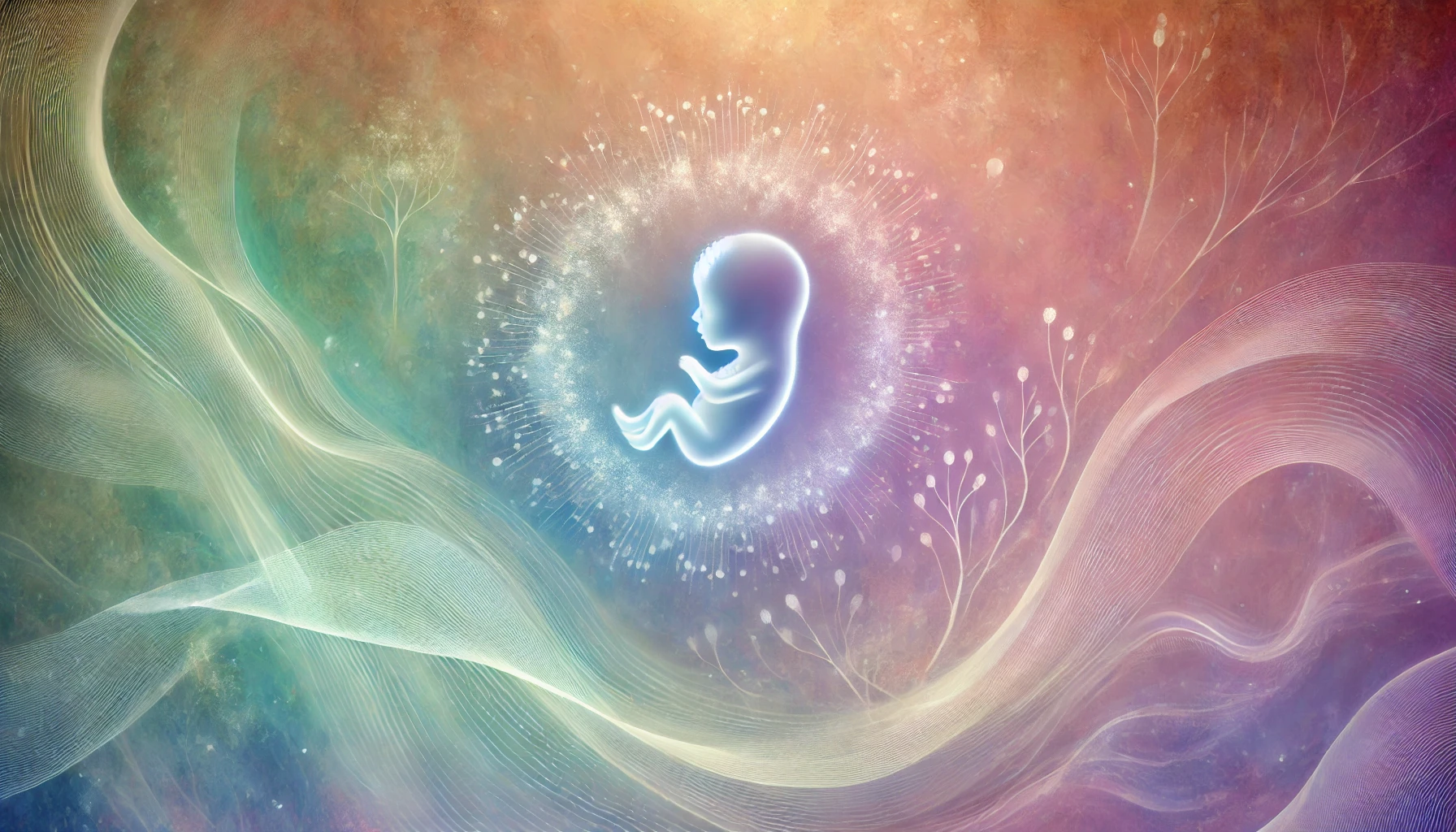Representación artística de un feto en desarrollo rodeado de una luz suave y resplandeciente, con un fondo de colores suaves y fluidos que simbolizan un entorno seguro y nutritivo, reflejando la conexión espiritual y las dimensiones transpersonales.