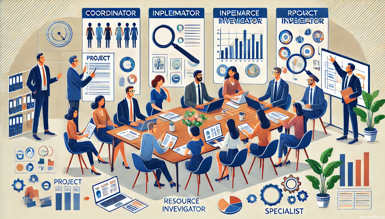 Ilustración de un equipo diverso trabajando juntos, mostrando roles como coordinador, implementador, investigador de recursos y especialista