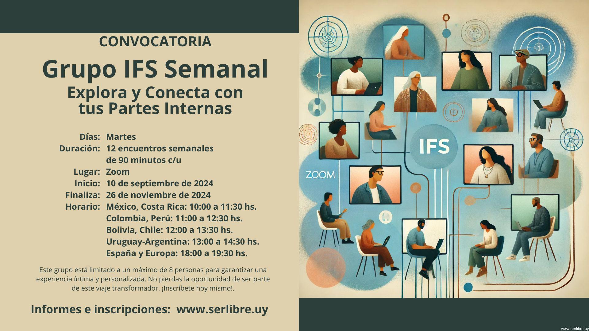 Imagen que muestra a un grupo de personas conectadas en línea para una sesión de IFS en Zoom, simbolizando conexión, apoyo e interacción en un entorno grupal terapéutico.