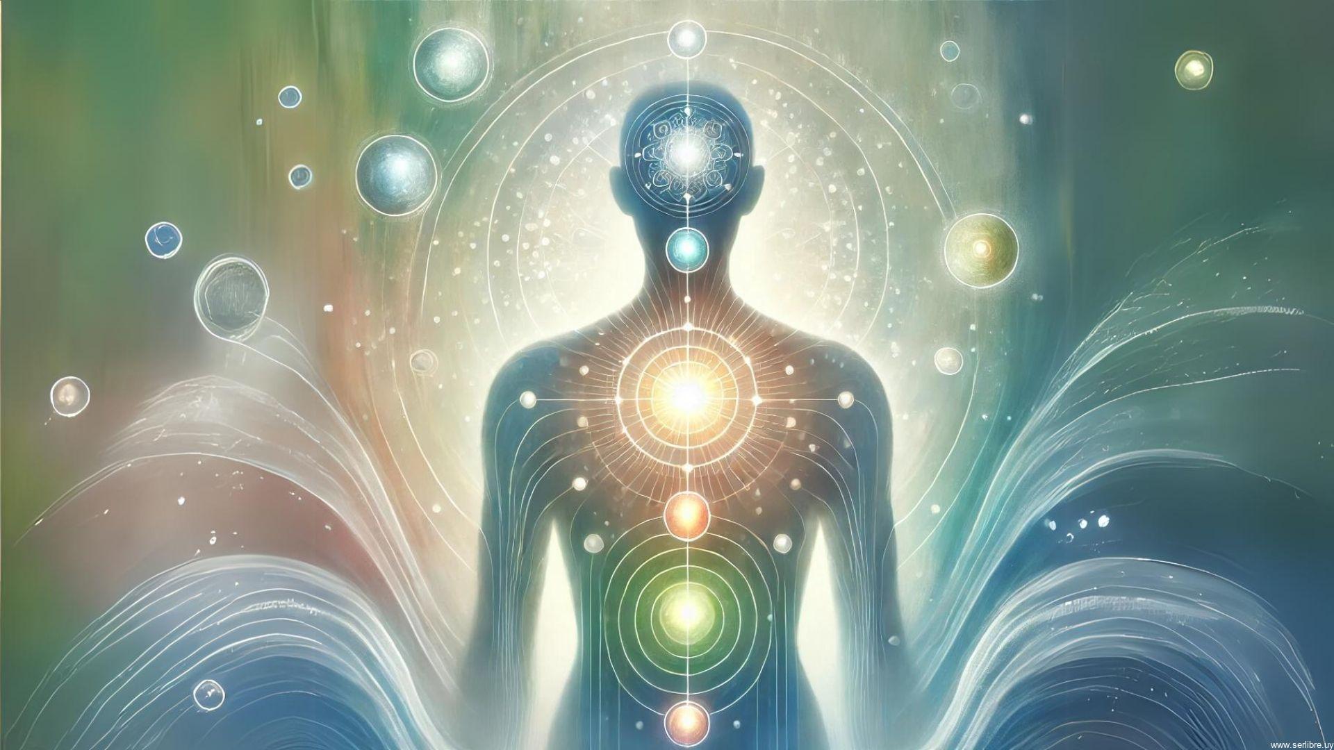 Ilustración de una figura humana con orbes que representan las partes internas en armonía, simbolizando la constelación de la familia interna.