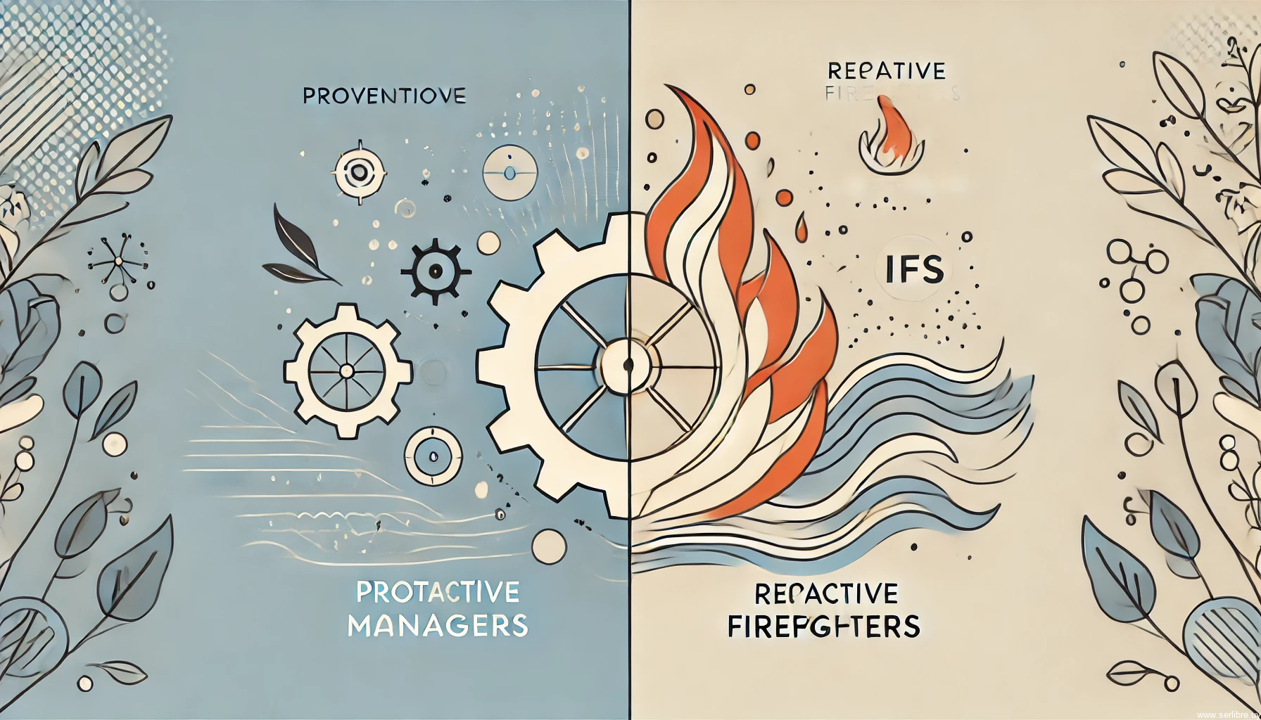 Representación artística minimalista de gerentes proactivos y bomberos reactivos en el modelo de Sistemas Internos Familiares (IFS), mostrando la dualidad entre control y respuesta emocional.