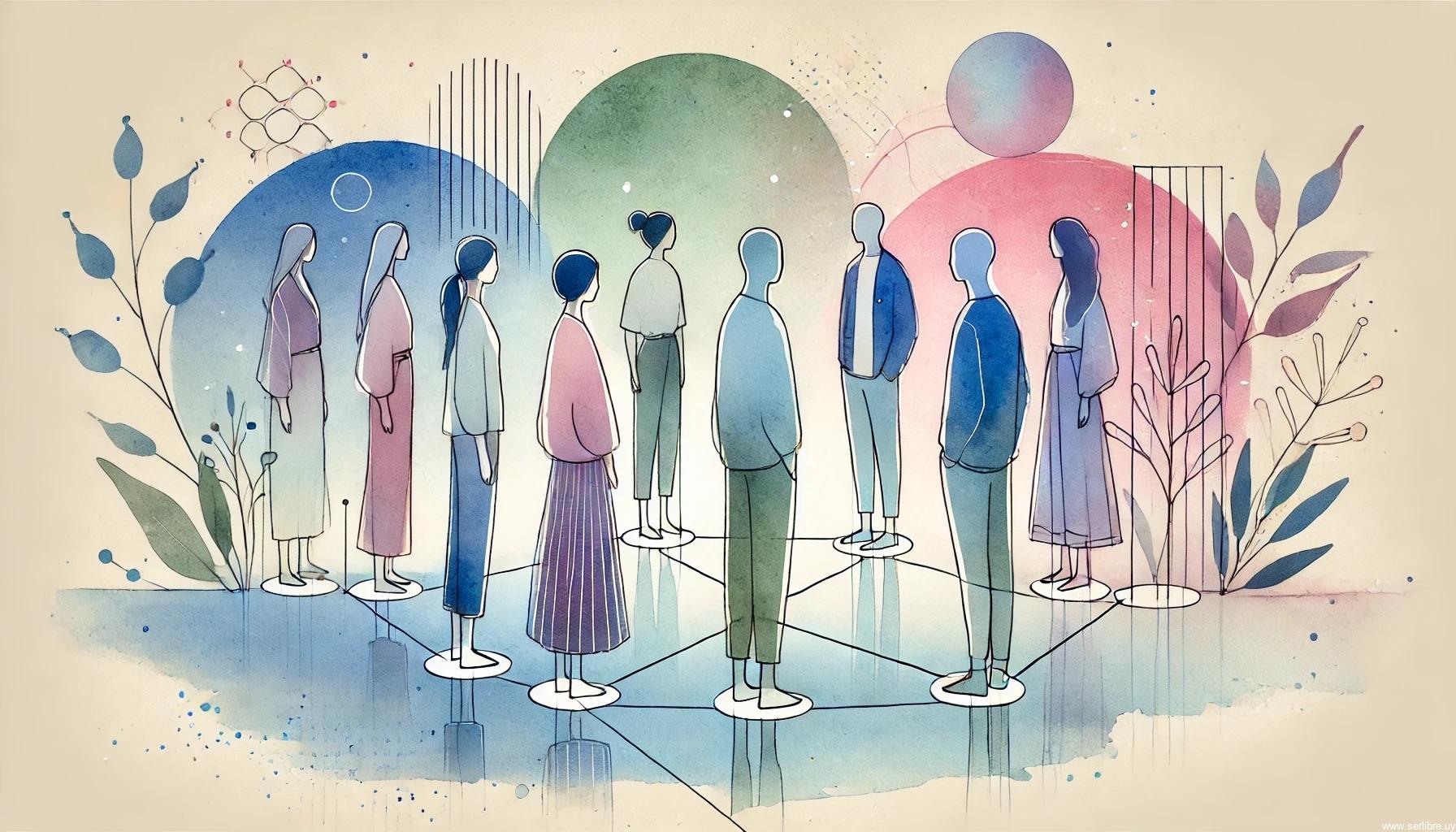 Ilustración en acuarela de estilo contemporáneo con varias personas de pie, dispuestas en un círculo, representando una sesión de constelaciones familiares. Los colores suaves en tonos pastel, como azul, rosa y verde claro, evocan un ambiente de serenidad y conexión emocional. Las personas están conectadas por líneas abstractas, simbolizando su interrelación dentro del sistema familiar.