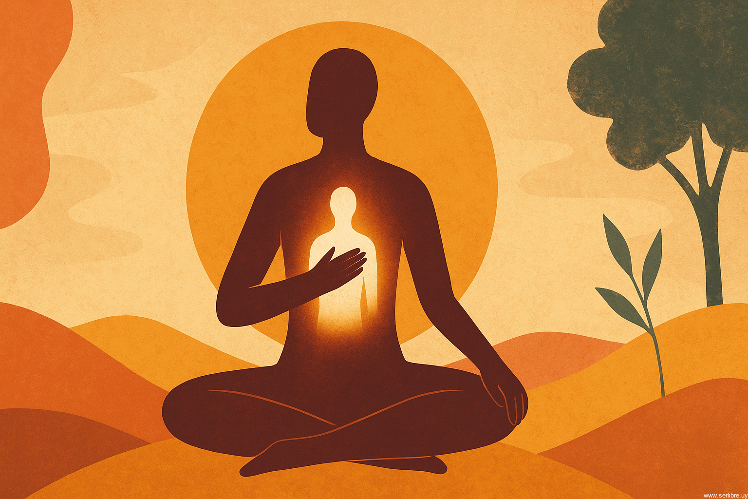 Ilustración de una figura meditando con una silueta luminosa en el pecho, representando conexión interna y liderazgo desde el Ser.