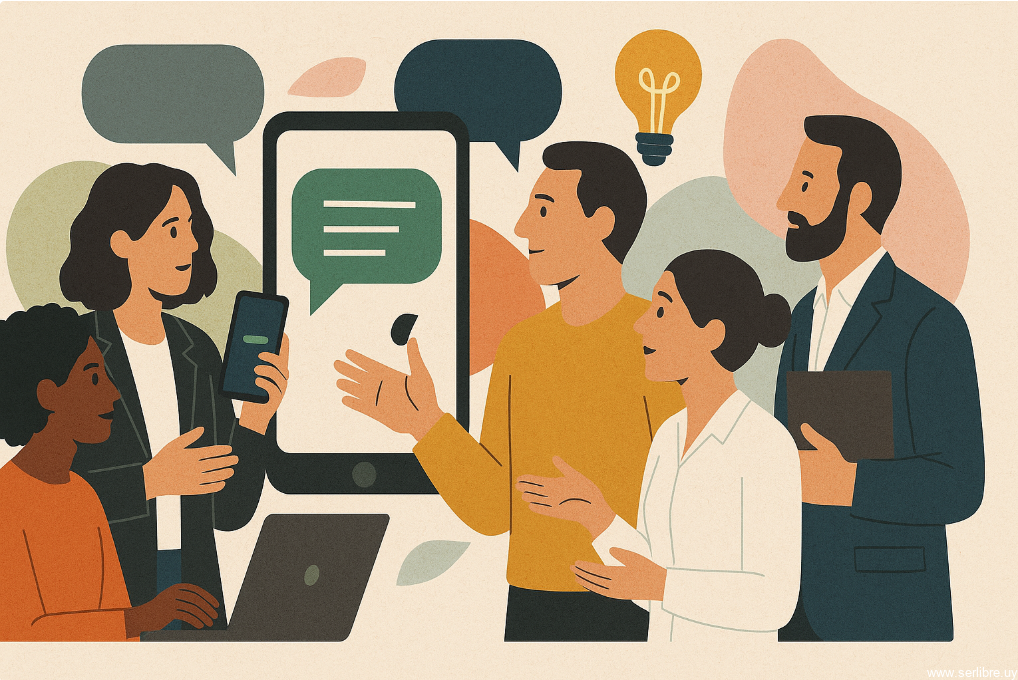 Ilustración editorial de cinco profesionales conversando alrededor de un celular con burbujas de diálogo, simbolizando intercambio de ideas y colaboración.