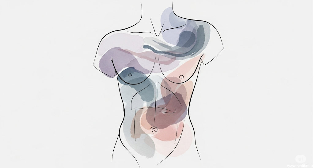 Ilustración minimalista de un torso humano con manchas de acuarela que representan la memoria somática y las emociones guardadas en el cuerpo.