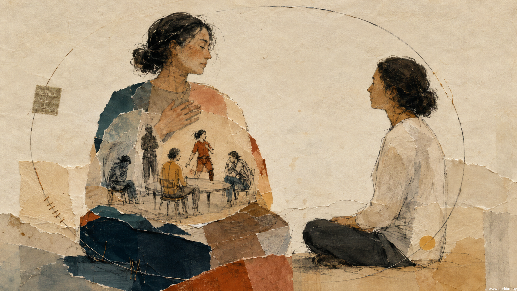 Ilustración de una persona acompañada mientras escucha las distintas partes de su mundo interior.