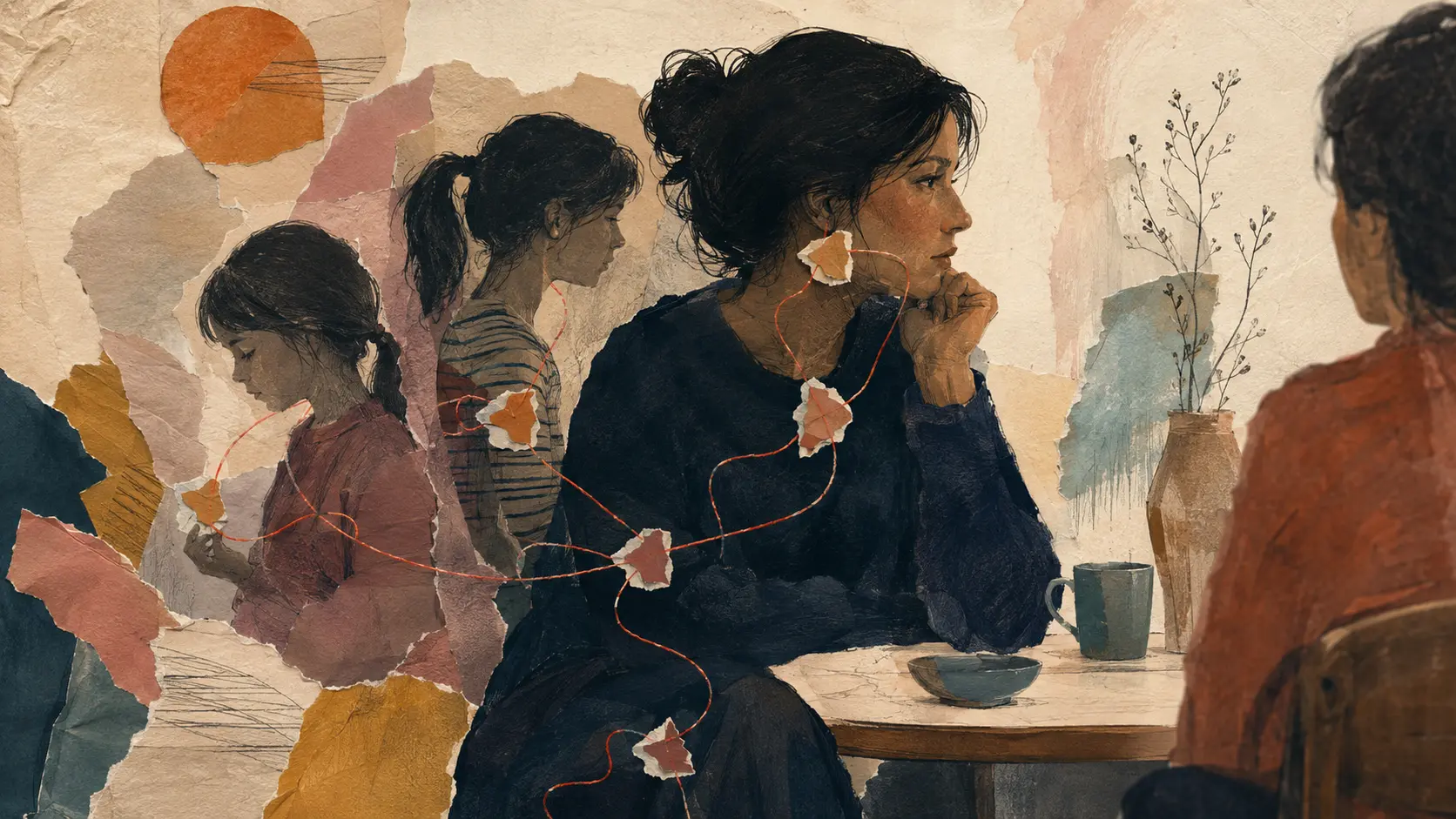 Collage editorial de una mujer en conversación, conectada por un hilo con figuras de distintas edades que representan recuerdos y partes asociados a una misma herida emocional.